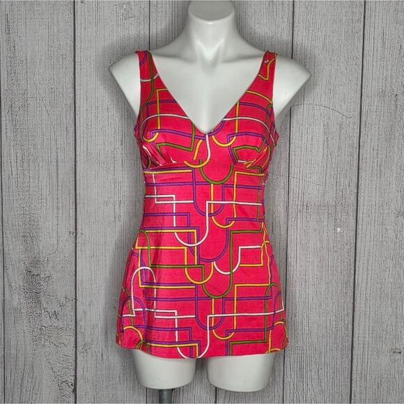 VTG 60s 70s Par➡️Form Originals Groovy Neon Geometric One Piece Swimsuit - Picture 1 of 9